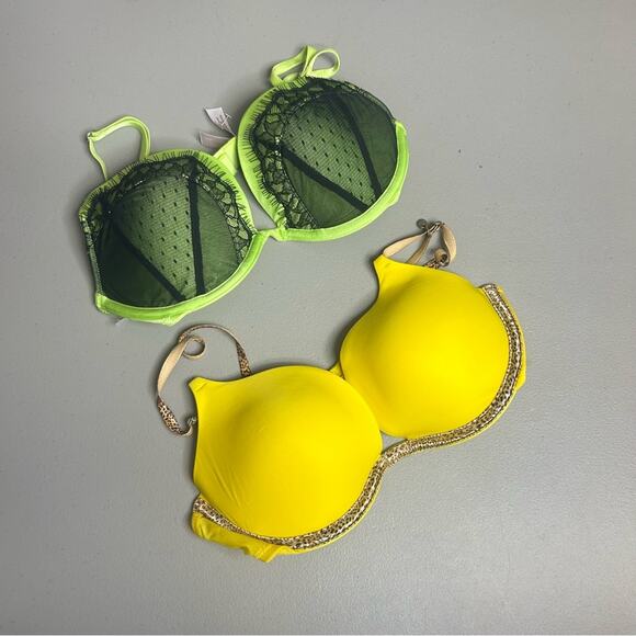 Victoria Secret Bras Very Sexy Push Up Size 34C Green Yellow Animal Print Strap - Picture 1 of 5